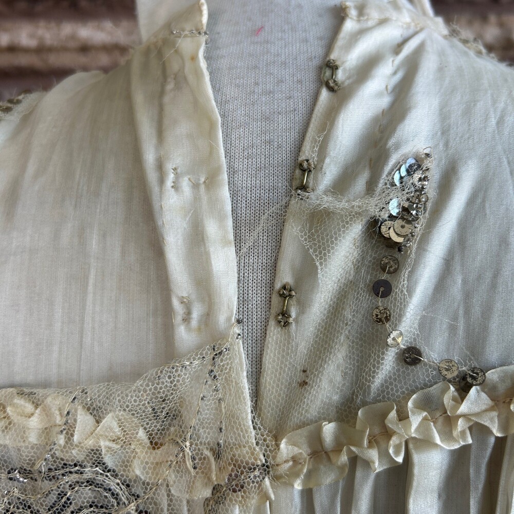 Antique Victorian Ivory Dress Mesh Lace Sequins Distressed Damaged As Is - Picture 7 of 16